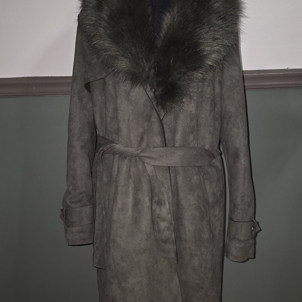 Chic Faux Fur Collar Trench Coat - Olive Green